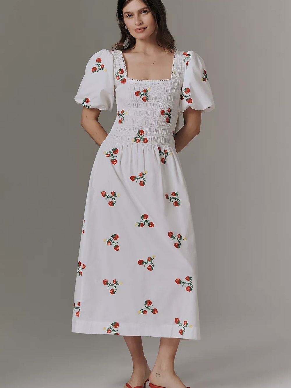 NWT Damson Madder Lauren Midi Strawberry Puff Sleeve Dress